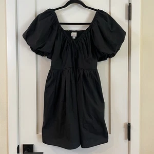 Schwarzes Kleid Babydoll Puffärmel gesmokte Taschen Goth Wednesday Addams S Baumwolle - Bild 1 von 8