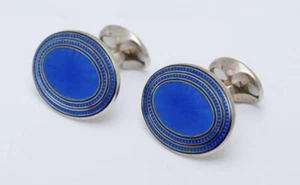 Deakin & Francis D&F Sterling Silver and Blue Enamel Oval Guilloche Cufflinks - Picture 1 of 3