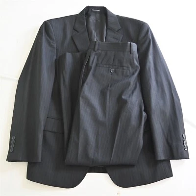 Pronto Uomo Platinum 40S 33x29 Black Striped 100% Wool Mens Jacket Pants Suit - Image 1 of 4