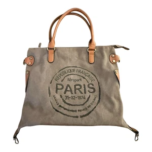 French Paris Logo Black Green Canvas Large Tote Bag Or Bookbag Strap Faux NOS - Picture 1 of 6