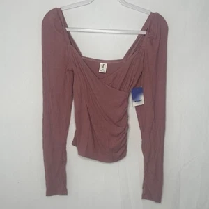 BP Adult Shirt Extra Extra Small Pink Long Sleeve Faux Wrap Crop Women's - Picture 1 of 7
