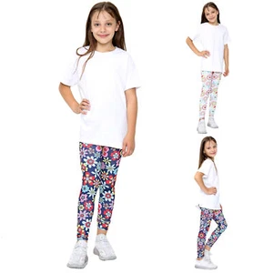 Girls Leggings Floral Casual Stretchy Slim Flower Pants Abstract Fitness 7-14 Yr - Picture 1 of 16