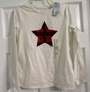 Cat & Jack Girls Plaid Star Graphic Long Sleeve T-shirt Cream Size L (10/12) NEW - Picture 1 of 6
