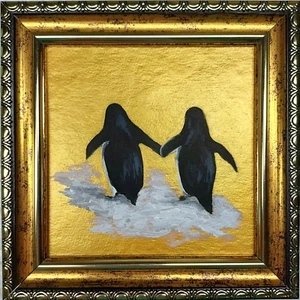 Pintura de pingüino pequeña pintura dorada enmarcada divertida obra de arte original de pingüino - Imagen 1 de 9