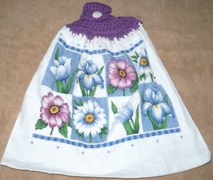 1 Crochet Top Hanging Kitchen Towel Flowers eight frames, Single purple yarn - Picture 1 of 1