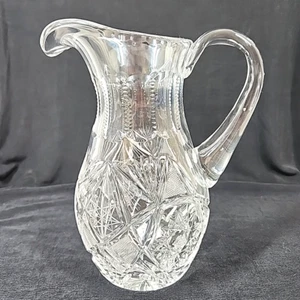 Vtg American Brilliant Crystal Pitcher Cut Glass Starburst Base Etched Heavy 9" - Picture 1 of 12