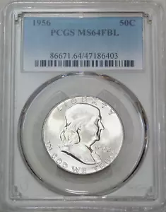 :1956-P 50C FRANKLIN HALF DOLLAR PCGS MS64FBL FULL BELL LINES BLAST WHITE RARE - Picture 1 of 4