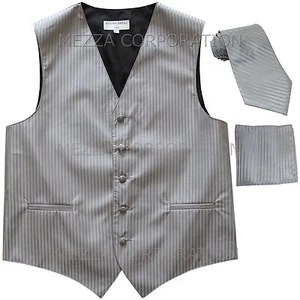 New Men's Tuxedo Vest Vertical Stripes Necktie Hankie set formal wedding Gray - Picture 1 of 4