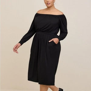 Torrid Dress 4X Black Midi Off Shoulder Super Soft Slit Side Pockets Plus Size - Foto 1 di 6