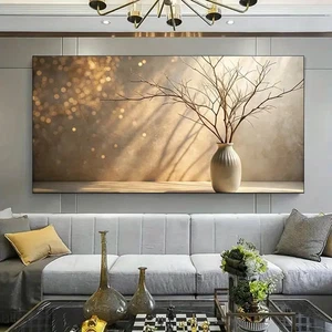 Golden Botanical Painting With Beige/Gray Unframed Canvas Painting for Living - Picture 1 of 7