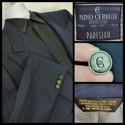 Blazer Nino Cerruti Rue Royale para Hombres 44L Azul Marino Doble Pecho 100% Lana Pico Foto 1 de 4
