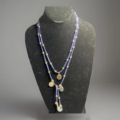 "Collar artesanal cuentas de oro y monedas en cordón de cuero estilo Lariat 45""" Foto 1 de 4