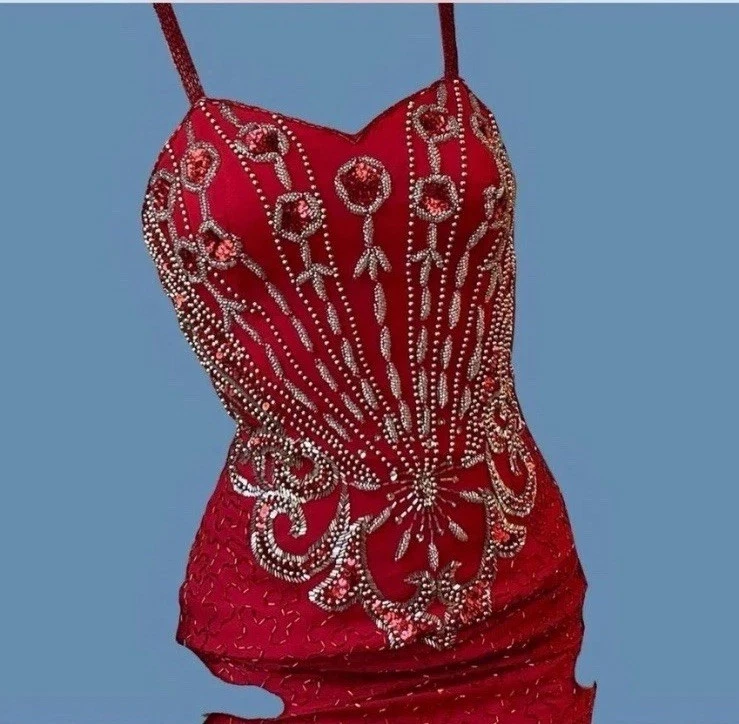 Vestido Midi Rojo Brillante Vintage Con Cuentas Diseños Alyce Formal Ocasión Foto 1 de 4