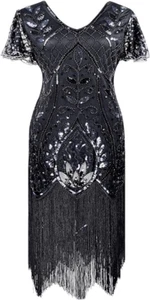 Flapper Great Gatsby 1920s Retro Tassel Fringe Sequin Midi Black Dress XL NEW - Picture 1 of 12