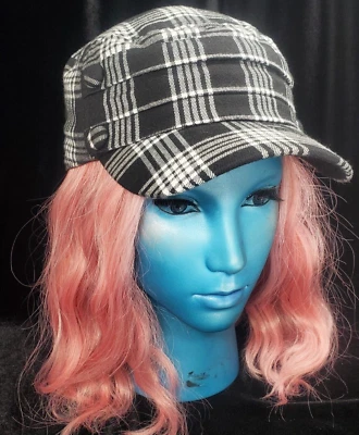 Черно-белая клетчатая женская кадетская шляпа с короткими полями акценты на пуговицах OSFM - Изображение 1 из 4