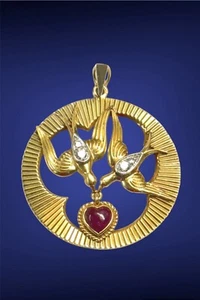 Vintage Tiffany & Co France 18k YG Love Birds Diamond Moving Ruby Heart Pendant - Picture 1 of 3