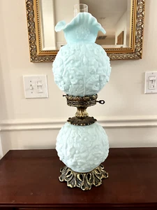 Light Blue Satin Poppy Fenton AND L&L WMC Gone With The Wind Lamp Vintage - GWTW - Picture 1 of 19