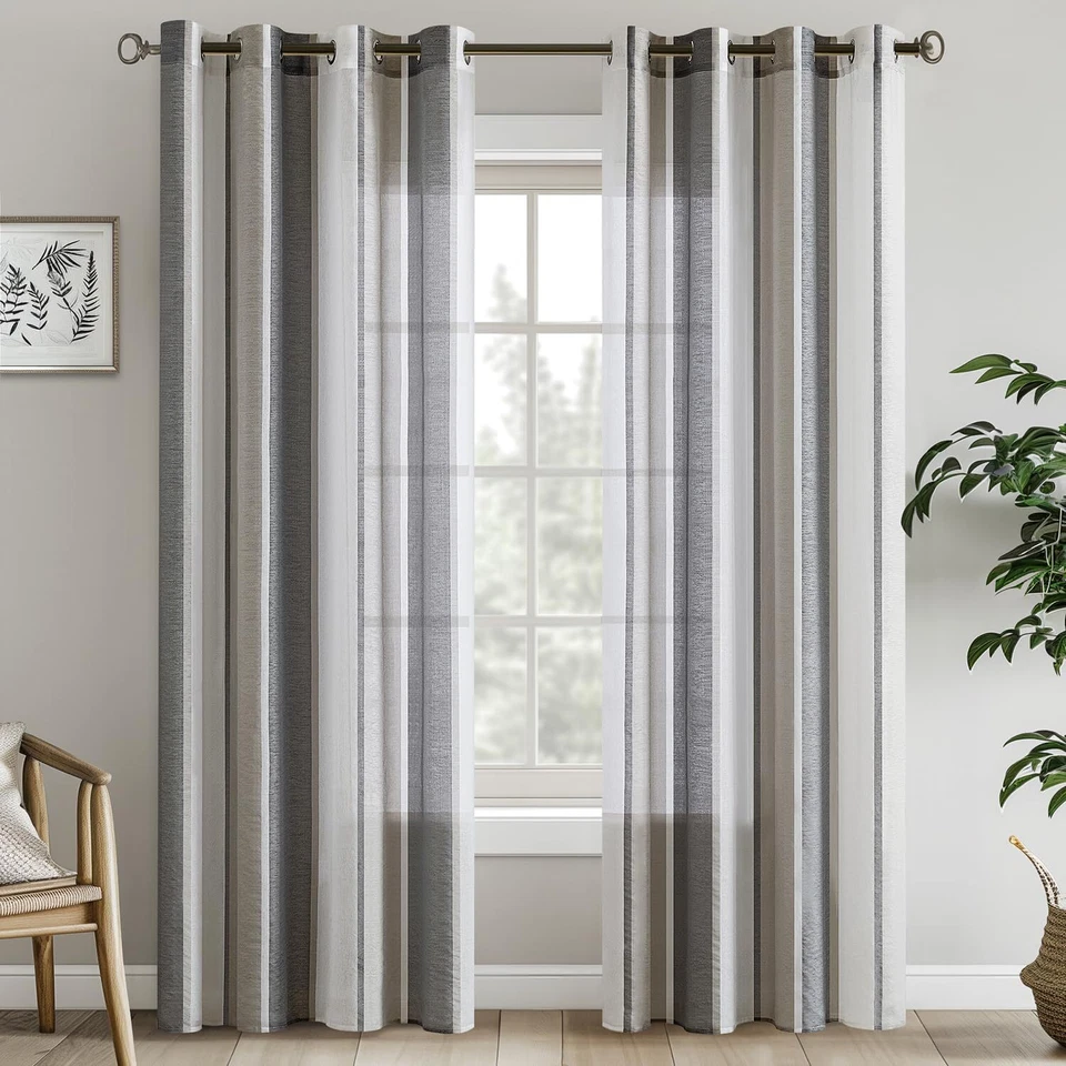 Rideaux rayés Transparent avec œillets Voile Rideaux Salon Moderne Set de 2 R... - Photo 1/4