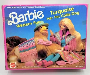 BK~ NIB BARBIE DOLL 1989 WESTERN FUN TURQUOISE HER PET COLLIE DOG VINTAGE 7454 - Picture 1 of 1