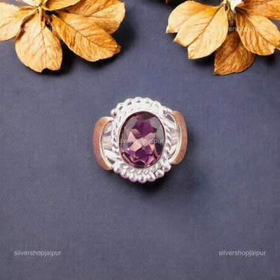 Anel de presente amigo empilhável prata 925 facetada pedra preciosa rodolita declaração Reiki - Imagem 1 de 4