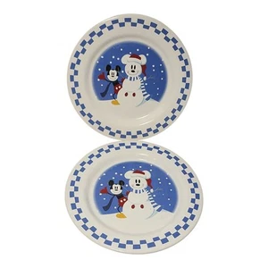 Vintage Paar Disney Weihnachten Mickey Mouse Schneemann 9" Teller blau weiß kariert - Bild 1 von 6
