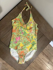 LILLY PULITZER yellow Green Orange Pink One Piece Halter Swimsuit Girls XL 14 16 - Picture 1 of 5