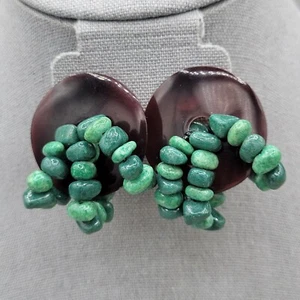 Braun Kunststoff Scheibe 3 Reihe Grün Perlen Ohrstecker Kreis Vollmond 1,5" - Bild 1 von 5