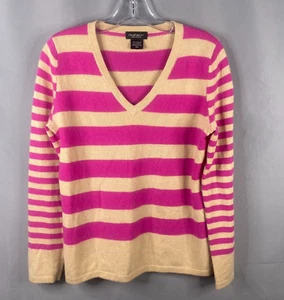 Lord & Taylor Cashmere Sweater Womens Medium Pink Striped Pullover V-neck - Picture 1 of 7