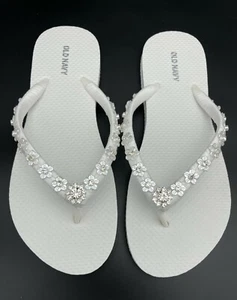 White Rhinestone Flower Bridal Flip Flops Beach Wedding Flip Flops WOMEN Size 7 - Picture 1 of 5