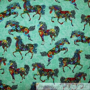 BonEful FABRIC FQ Cotton Quilt Green Rainbow Pony Horse Water Color Flower Girl - Picture 1 of 12