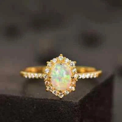 Oval Natural Fire Opal Victorian 14K Yellow Gold Plated Silver Engagement Ring - Image 1 of 4