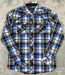 Camisa occidental con hebilla de metal negra a presión para hombre L ajuste atlético a cuadros Rockabilly usada en excelente estado - Imagen 1 de 10