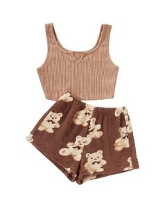 Women's 2 Piece Pajama Sets Ribbed Crop Tank Top and Fuzzy Shorts Set Khaki L... - Picture 1 of 6