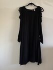 Old Navy Black Rayon Crepe A-Line Dress Open Ruffle Shoulders Lined  Sz L (B10)