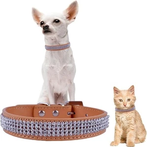 Dog Collar Pet Diamente Diamonds - PU Leather & Rhinestone - Beige - Small 32cm - Picture 1 of 12