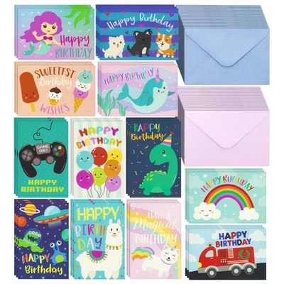 PIPILO PRESS 36 Pack Kids Birthday Cards Assortment with Colored Envelopes, 12 Designs, 4x6"