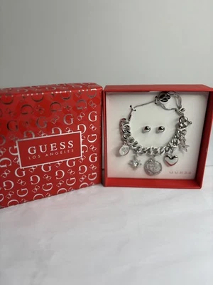  Pulsera GUESS Tono Plata Brazalete Corona Cerradura Llave Corazón 9 Dijes Pendientes Foto 1 de 4