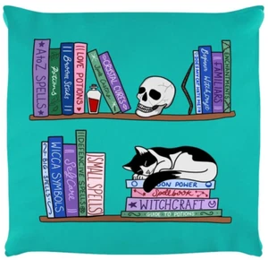Spell Books & Familiars Turquoise Cushion, Sleeping Cat, Witchcraft Witch, Skull - Picture 1 of 3