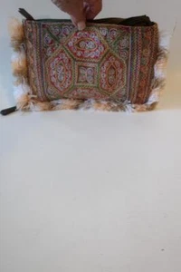 Womens Jade Tribe Olive Green/Multi Design Fringe Trim Clutch - Picture 1 of 6