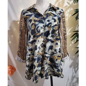 Ali Miles Womens Artsy Abstract Lagenlook Roll Tab Sleeve Button Shirt Size L - Picture 1 of 10