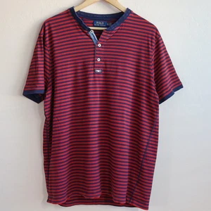 Polo Ralph Lauren Henley Ringer T-Shirt XL Red Blue Striped Casual Cotton Top - Picture 1 of 9
