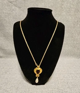 Vintage AVON Purple  Rhinestone Heart Drop Gold Tone, 27" Pendant Necklace  - Picture 1 of 8
