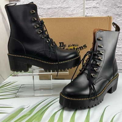 Dr Martens Leona женщин винтажный гладкий боя платформе кожаные ботинки Sz 9 черный новый в коробке - Изображение 1 из 4