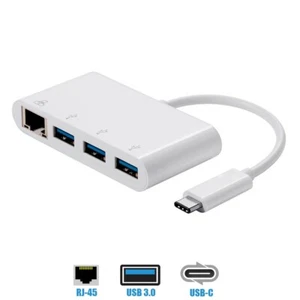 USB-C Male to 3-Port USB 3.0 Hub + RJ45 Gigabit Ethernet Adapter Dongle MacBook - Picture 1 of 4