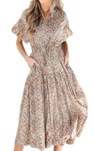 Listicle Damen Blumenmuster Midi Kleid Puff Ärmel Kordelzug Taille Größe Small - Bild 1 von 10