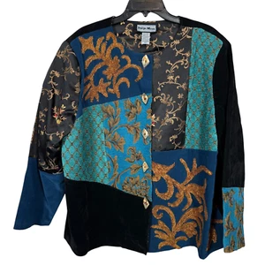 Vtg Indigo Moon Jacket 2X Blue Textured Art to Wear Velvet Button Boho Patchwork - Picture 1 of 10