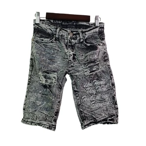 Blue Cult Boys Size 10 Grey Black Casual Ripped Elastic Denim Jean Shorts - Picture 1 of 8