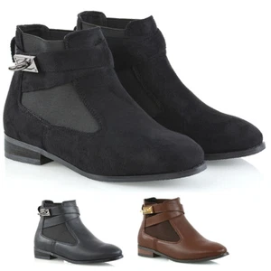 Womens Low Heel Chelsea Boots Ladies Buckle Biker Pull On Elastic Casual Booties - Picture 1 of 16