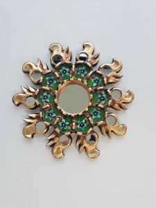 Green Wavy Wall Mirror with Gold Leaf 8" Peruvian Sun mirror Handmade Boho Style - Picture 1 of 5