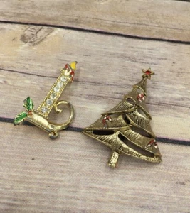 Vintage BJ Goldtone Christmas Tree Brooch Candlestick Taper - Picture 1 of 6